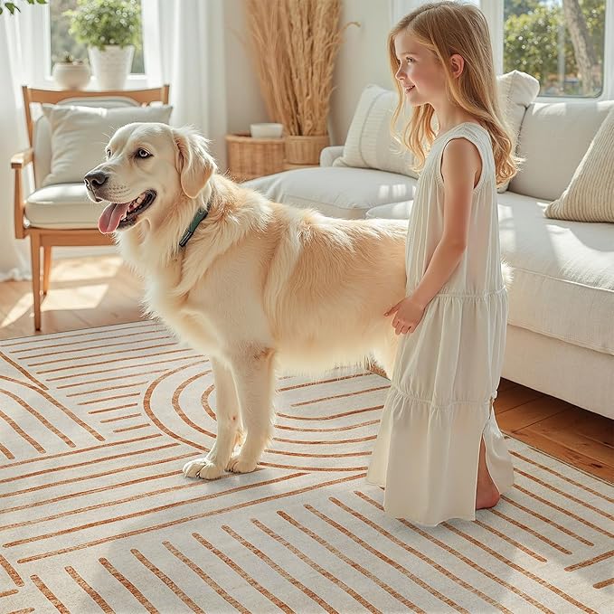 DCX Beige Machine Washable Area Rug 9x12, Midcentury Modern Non Slip Stain Resistant Rug 9x12 for Living Room, Playroom, Dining Room, Soft Low Pile Large Carpet