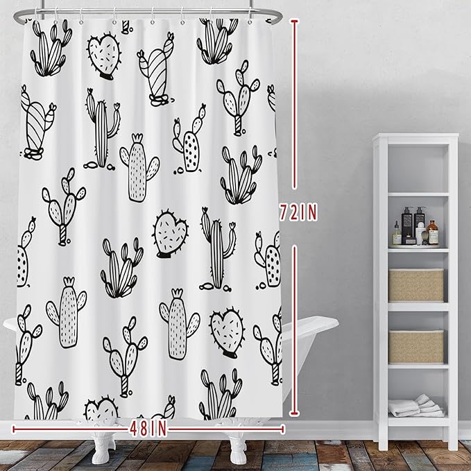 Baocicoo Cartoon Cactus Shower Curtain Tropical Plants Mexican Texas Minimalism Black and White Decorative Artistical Shower Curtains for Home Bathtubs Bath Waterproof Fabric with Hooks 48x72 Inches