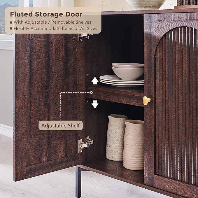 Modern Buffet Cabinet with Storage, 61.75" W Fluted Arched Sideboard Cabinet w/Adjustable Shelves, Wooden Modular Coffee Bar for Dining Room, Kitchen, Living Room, Entryway, Brown