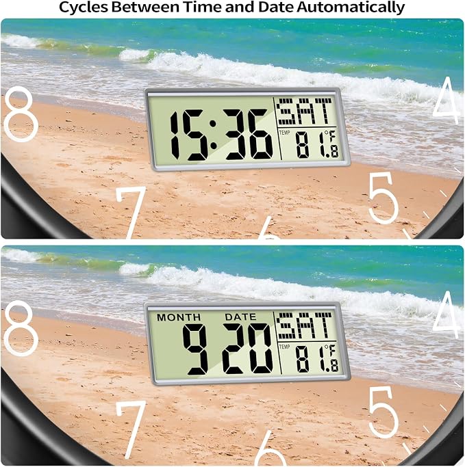 Coastal Beach Wall Clock, 12 Inch Silent Non-Ticking Battery Operated Analog Clock with LCD Date Day Temp Display, Decorative for Living Room, Bedroom, Kitchen, Beach House, Coastal Homes