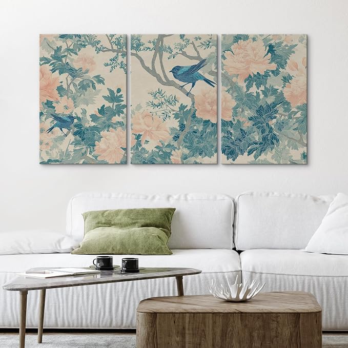 wall26 Canvas Print Wall Art Set Elegant Blue Bird and Peony Floral Pattern Decorative Minimal Relax/Zen for Living Room, Bedroom, Office - 16"x24" x 3