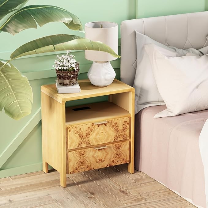 COZAYH Set of 2 Farmhouse 2 Drawer Nightstand with Charging Station, Side Table with Power Outlet, USB and Type-C Ports, Burl Wood Finish, Natural