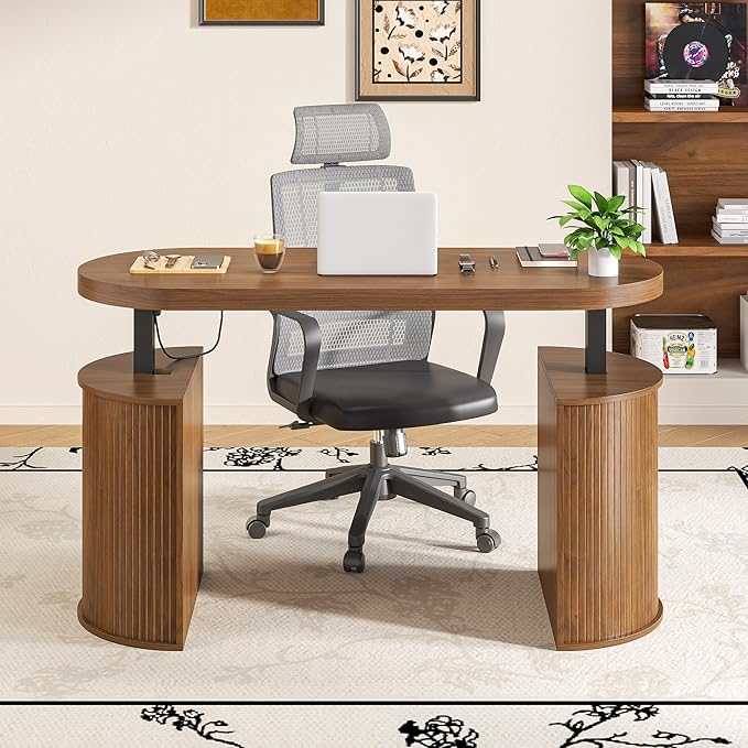Mid Century Modern Electric Standing Desk with Storage, 55 x 22 Inch Small Sit Stand Up Desk, Wood Adjustable Height Computer Executive Desk for Home Office, Laptop, Walnut