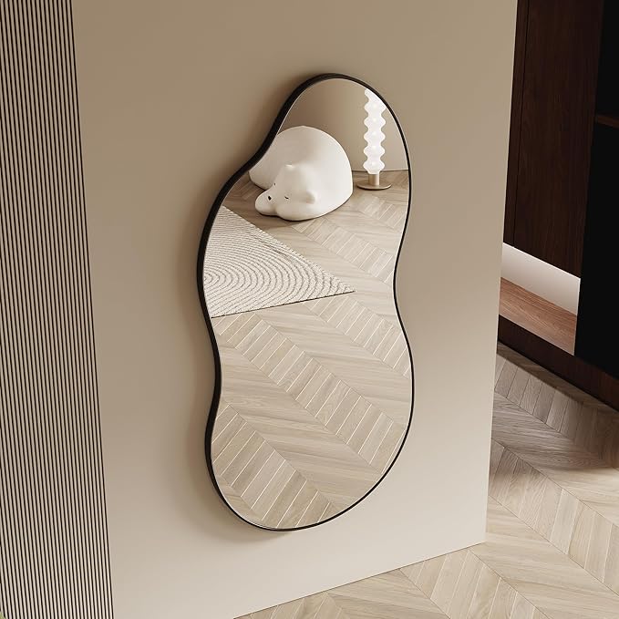 Irregular Wall Mirror - 28''×55'' Asymmetrical Decorative Tempered Glass Aluminum Alloy Framed Mirrors Cloud Mirror Wavy Mirrors for Bathroom, Bedroom, Living Room, Entryway（Black）