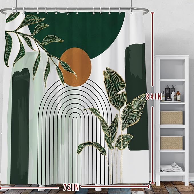 Baocicoo Abstract Mid Century Shower Curtain - Bohemia Tropical Leaf Modern Minimalist for Bathroom, Green Bath Accessory Art Decor, Fabric Durable with Hooks, 72x84 Inches