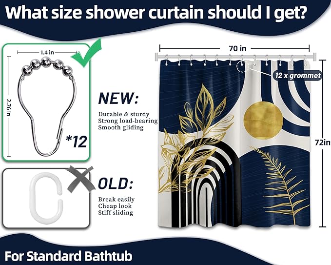 Mid Century Modern Navy Blue Shower Curtain Boho Dark Blue and Gold Leaves Shower Curtains for Mens Bathroom Decor Sets, Waterproof Cloth Fabric with Hooks, 70x72in