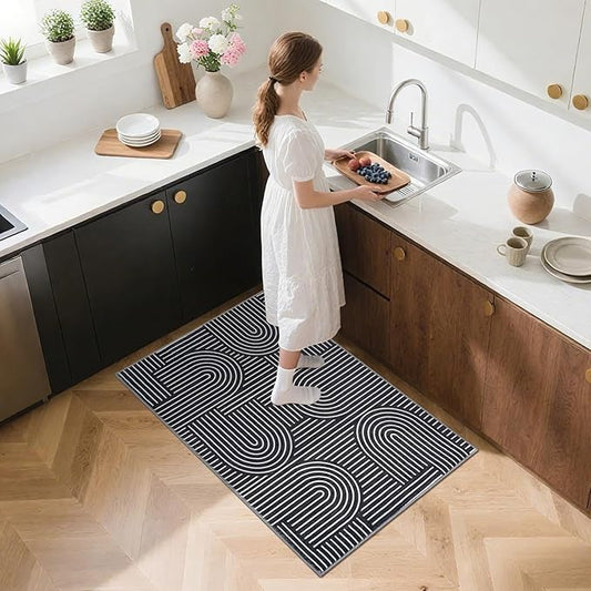 Washable Rug 2x3 Area Rugs for Entryway, Abstract Rug for Bedroom, Soft Rainbow Non Slip Small Area Rug with Rubber Back, Low Pile Stain Resistant Boho Geometric Carpet for Dining Room, Black