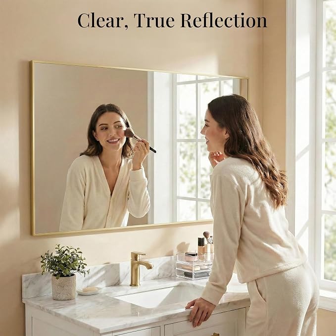 55"x30" Gold Landscape Bathroom Mirror for Double Vanity, Shatterproof Tempered Glass, Narrow Metal Frame, Ultra-Flush Wall-Mounted