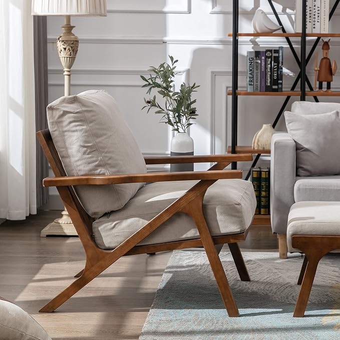 chairus Mid-Century Modern Accent Chairs Set of 2, Comfy Upholstered Lounge Armchairs with Removable Cushions & Solid Wood Frame, Reading Chairs for Living Room Bedroom Office, Beige Denim Fabric