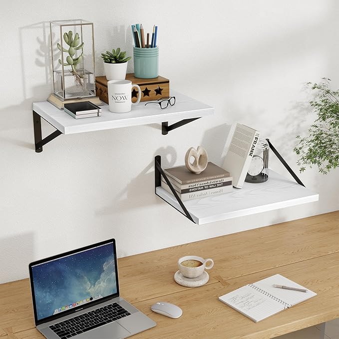 Floating Shelves, 12 Inch Deep Rustic Wood Wall Storage, 16W x 12D Wall Shelves Set of 2, Heavy Duty Metal Brackets, Large Industrial Book Shelf for Living Room, Kitchen, Bedroom, White