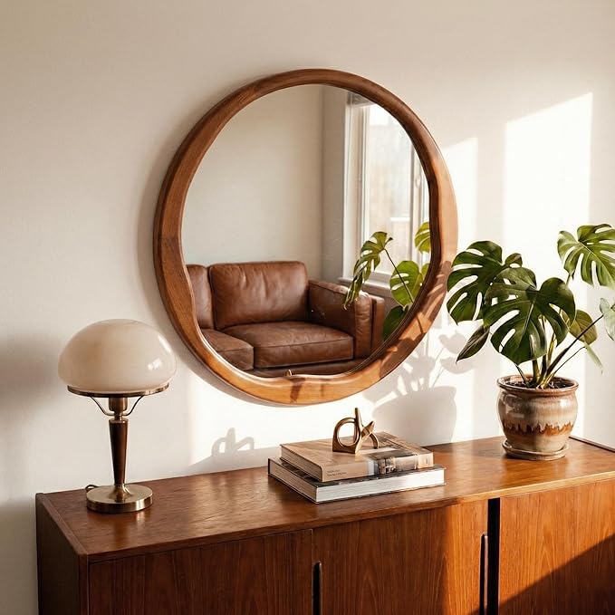 Round Walnut Mirror 30 Inch, Large Irregular Wavy Frame Wall Mirror for Living Room, Dining Room, Solid Wood Asymmetrical Mid Century Decor