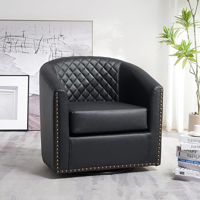 KINWELL 29" Wide Tufted Faux Leather Swivel Barrel Chair, PU Leather Modern Upholstered Accent Chairs with Nailhead Trim, Small Armchair for Living Room Bedroom, Black