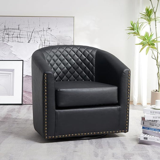 KINWELL 29" Wide Tufted Faux Leather Swivel Barrel Chair, PU Leather Modern Upholstered Accent Chairs with Nailhead Trim, Small Armchair for Living Room Bedroom, Black
