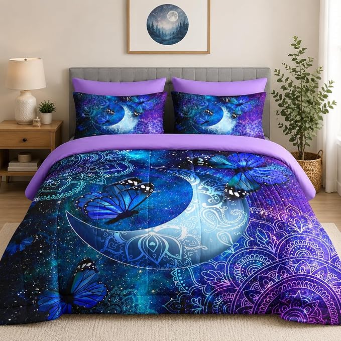 Nesker 7 Pcs Comforter Set Queen Size, Dream Butterflies Floral Bedding Set for Kids and Adults, Fantasy Starry Moon Bed Sheet Sets with Fitted Sheet 2 Pillowcases & 2 Shams