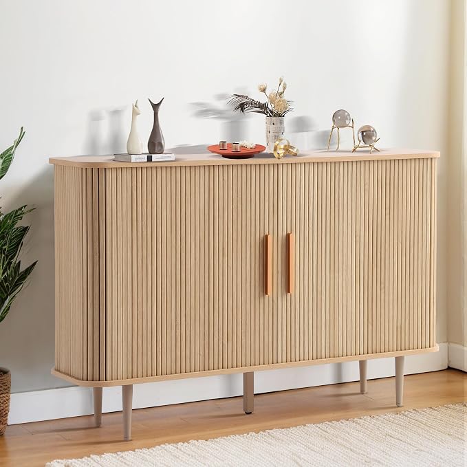 Grepatio 47" Sideboard Buffer Cabinet with Fluted Slide Doors, Tambour Storage Cabinet with Adjustable Shelves, Credenza Console Mid Century Cabinets for Hallway Entryway (Natural)
