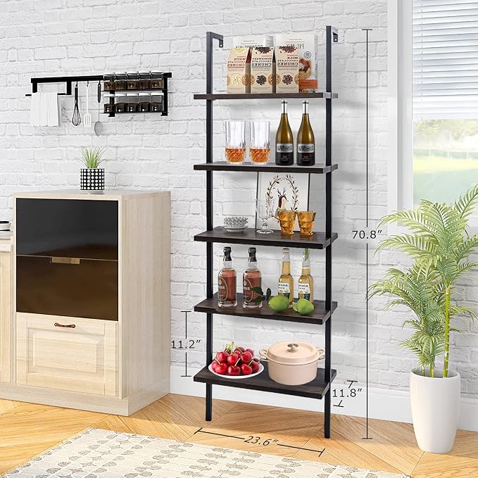 5 Tier Wall Mounted Ladder Shelf, Ladder Bookshelf with Metal Frame and Wood Shelf, Modern Learning Bookcase for Living Room, Bedroom, Office (23.6" W x 11.8" D x 70.8" H, Dark Walnut)