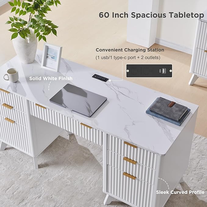 T4TREAM Fluted Executive Desk with Drawers, 60" Modern Home Office Computer Desk with Charging Station, File Cabinet, Keyboard Tray and Storage Cabinet for Study, Living Room, Bedroom, Solid White