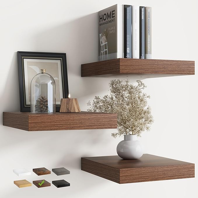 Floating Shelves for Wall with Invisible Brackets, Wall Mounted Engineered Wood Shelves with Wood Grain for Living Room, Bedroom, Bathroom, Kitchen Decor and Storage, Oak, 12"L Set of 3, Walnut