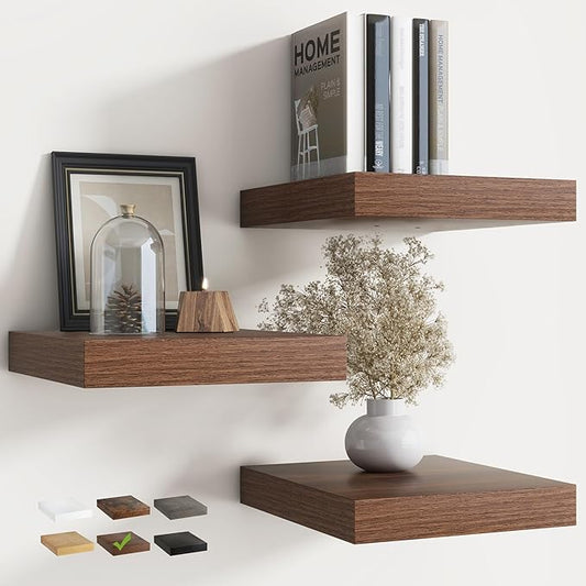 Floating Shelves for Wall with Invisible Brackets, Wall Mounted Engineered Wood Shelves with Wood Grain for Living Room, Bedroom, Bathroom, Kitchen Decor and Storage, Oak, 12"L Set of 3, Walnut