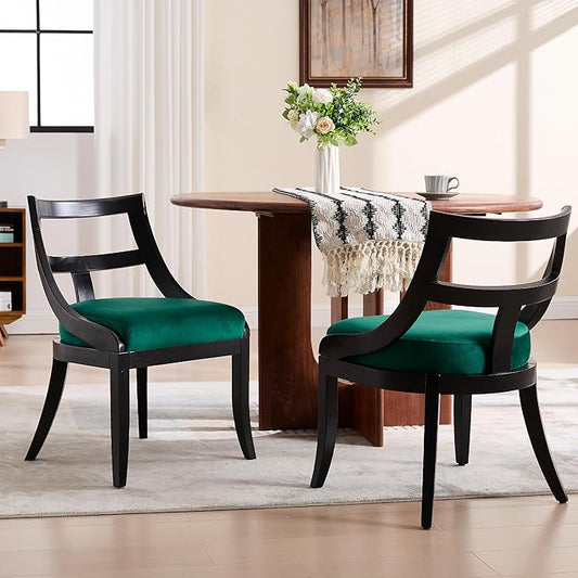 Modern Farmhouse Dining Chairs Set of 2 Mid Century Upholstered Dining Chair with Wooden Curved Back Kitchen Chairs for Dining Room Restaurant Cafe, Black-Velvet Green