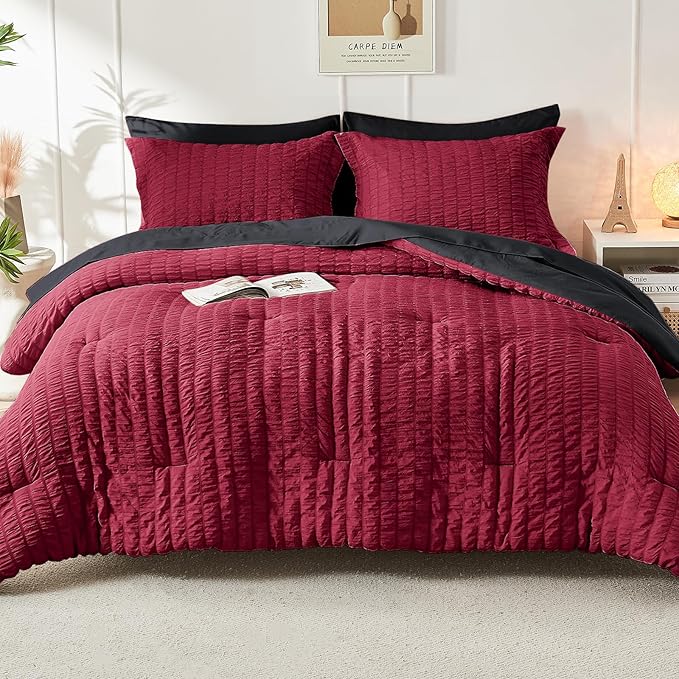 HYMOKEGE Red & Black Full Size Comforter Sets Seersucker 7 Pieces, All Season Luxury Bed in a Bag for Bedroom, Bedding Set with Comforters, Sheets, Pillowcases & Shams