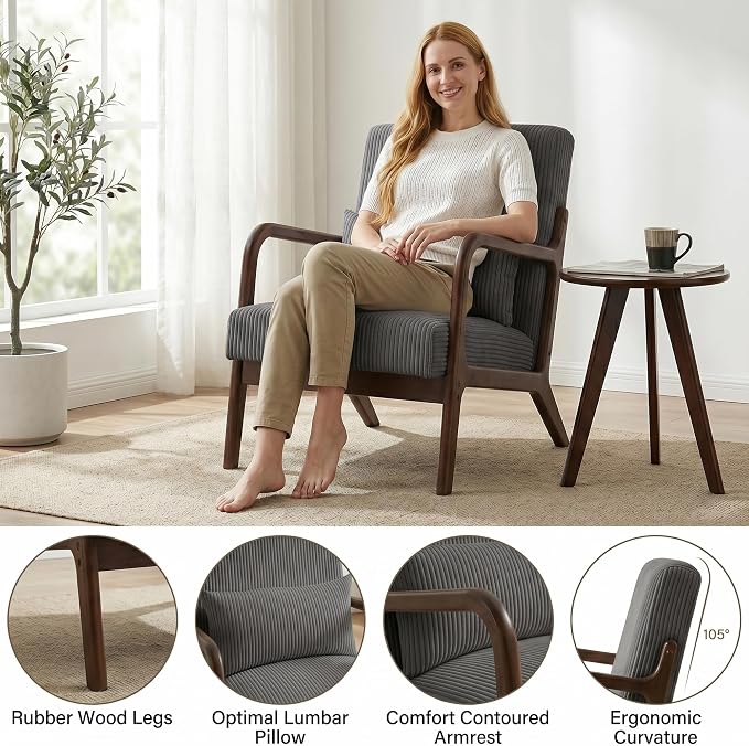 Mid Century Modern Accent Chair with Side Table, Upholstered Corduroy Armchair with Lumbar Pillow, Solid Rubberwood Frame for Living Room, Bedroom, Reading Nook, Dary Grey/Walnut