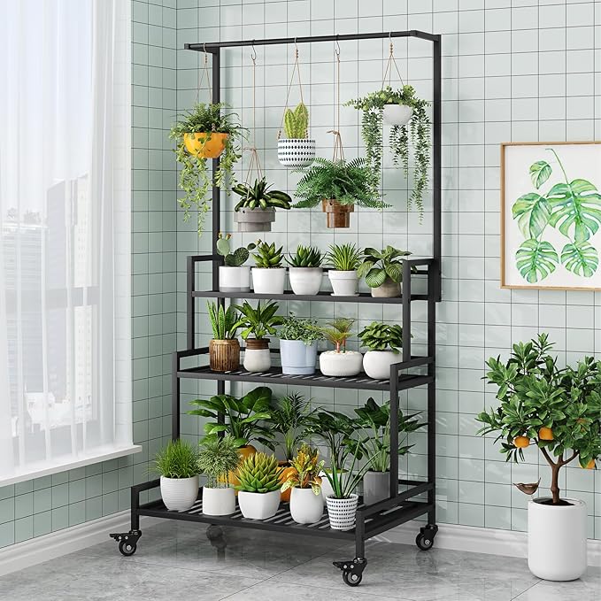 YIZAJIA Plant Stand Indoor 3 Tier Metal Outdoor Tiered Stands Shelf With wheel for Multiple Plants Potted Ladder Plant Holder Table Plant Pot Stand for Window Garden Balcony Living Room