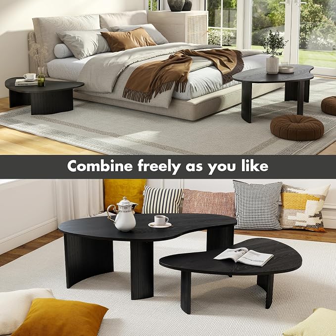 Black Nesting Coffee Table Set of 2 – Cloud/Mango Shaped Wood Grain Veneer Top with Fluted Solid Wood Legs, Space-Saving End Tables for Living Room