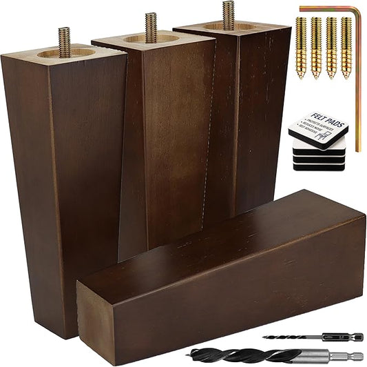 Premium Walnut Square Furniture Legs (Full Install Kit) - Pick Your Size and Color