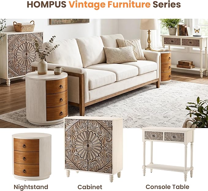 HOMPUS Round 3 Drawer Nightstand Set 2, Farmhouse Chest of Drawers, No Assemble Required, Modern Nightstand Set of 2, Wood Bedside End Tables w Drawers for Bedroom, Brown + White