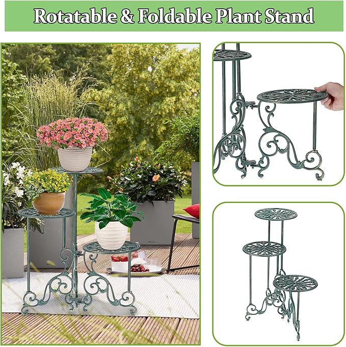 OwnMy 3 Tier Heavy Duty Cast Iron Plant Stand Foldable Wrought Iron Flower Pot Holder, Indoor Outdoor Tall Plant Stand Shelf for Garden Patio, Decorative Round Metal Plant Display Rack, Antique Green