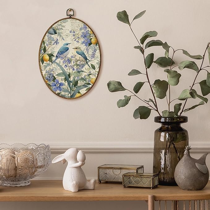 AEHIE Vintage Floral Bird Oval Wall Art Decor, Cottagecore Flower Botanical Lemon Canvas Artwork Framed, Country Bird Floral Picture Oval Wall Art for Home Bedroom Living Room Decor, 11x8.5 Inches