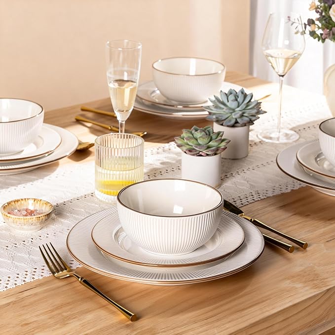 GBHOME Ceramic Dinnerware Sets,18 pcs Embossed Elegant Stoneware Plates and Bowls Sets, Housewarming Wedding Gift | Dishwasher & Microwave Safe | Dishes Set Service for 6