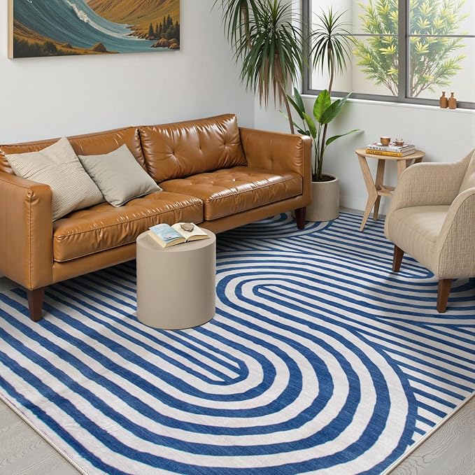 Lahome Modern Washable Area Rugs 5x7, Blue and White Rugs for Bedroom Ultra-Thin Non-Shedding, Abstract Living Room Rugs Stain Resistant Geometric Large Carpet for Kids Office Dorm Alba(5'X7',Blue)