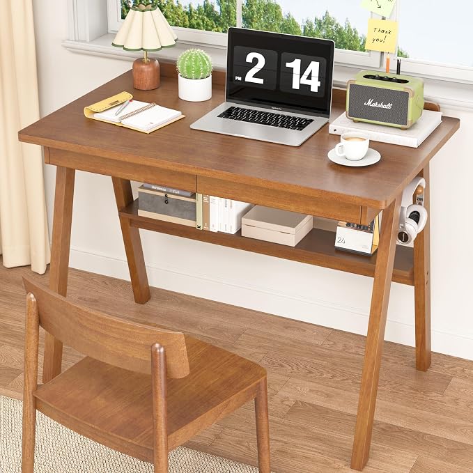 100% Solid Wood Desk with Drawers & Storage Shelf - 40 x 24 Inch Mid Century Modern Desks, Vintage Writing Desk with Deeper Desktop, Home Office Computer Desks for Bedroom & Home-Walnut Color