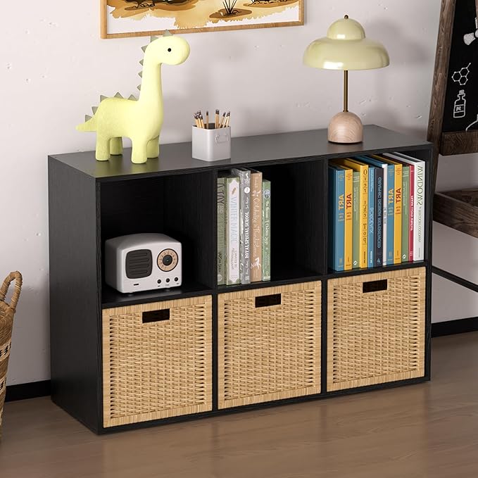 Wooden 6 Cube Storage Organizer with Closed Back Panel,White Cube Shelf Cubby Storage Organizer with Compartments for Living,Bookshelf, Easy to Install (Black, 6 Cube-13in)