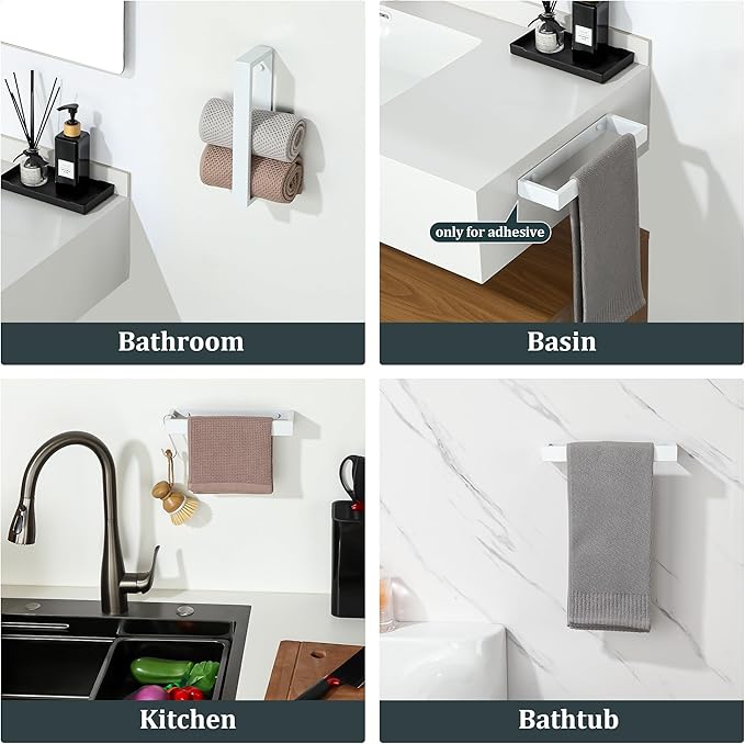 Sayayo White Towel Bar for Bathroom Wall, 8 Inch Hand Towel Holder, Screw or Self Adhesive Towel Ring Square SUS304 Stainless Steel, 3.2 Inch Wider Design