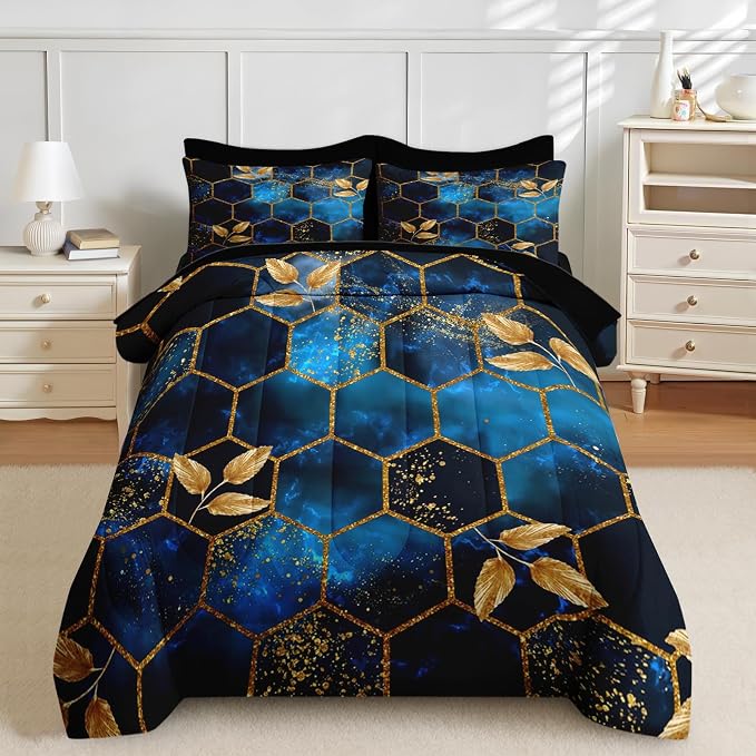 Nesker Comforter Set Queen Size, Luxury Geometric Hexagon 7 Pcs Bedding for Kids and Adults, Navy Blue Gold Marble Leaves Bed Sheet Sets with Fitted Sheet 2 Pillowcases & 2 Shams