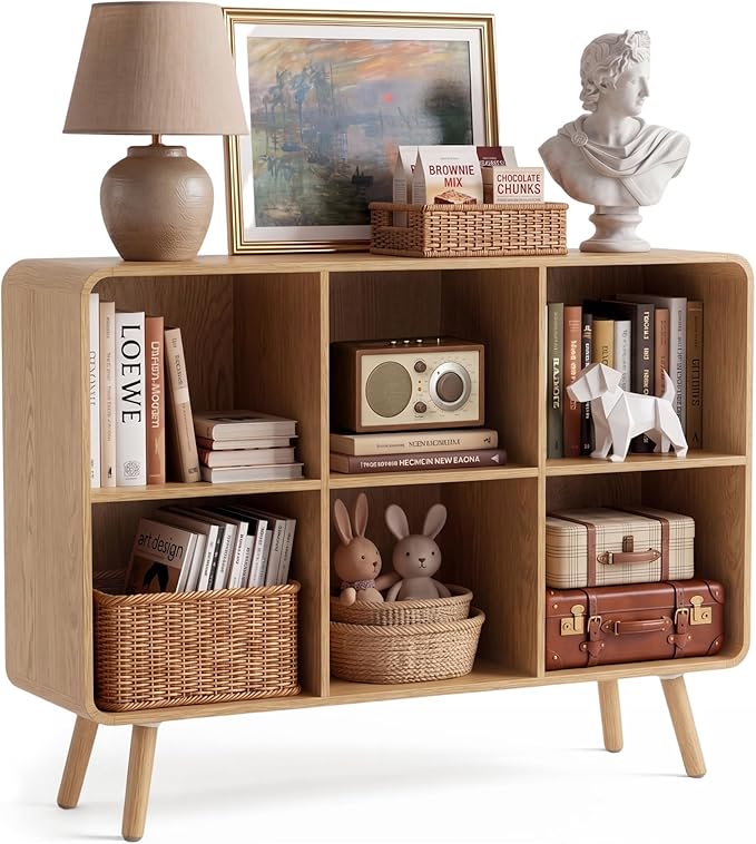 YOSHOOT 6 Cube Bookshelf - 35.4" Wood Cube Bookcase with Legs, Open Cubby Bookshelves with Curved Profile Design for Bedroom, Living Room,Home Office, Nature