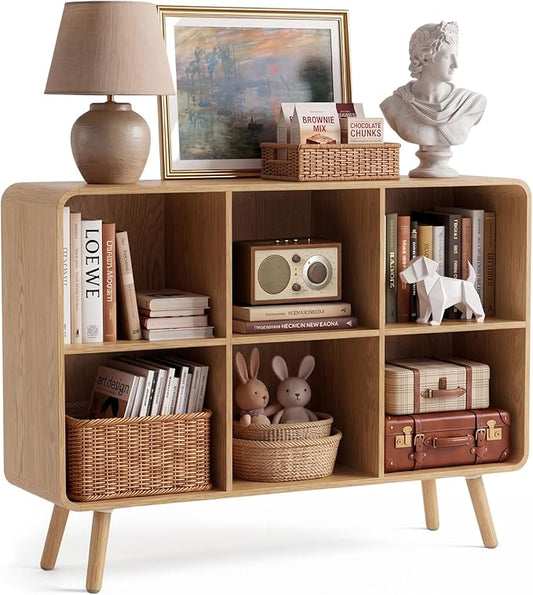 YOSHOOT 6 Cube Bookshelf - 35.4" Wood Cube Bookcase with Legs, Open Cubby Bookshelves with Curved Profile Design for Bedroom, Living Room,Home Office, Nature