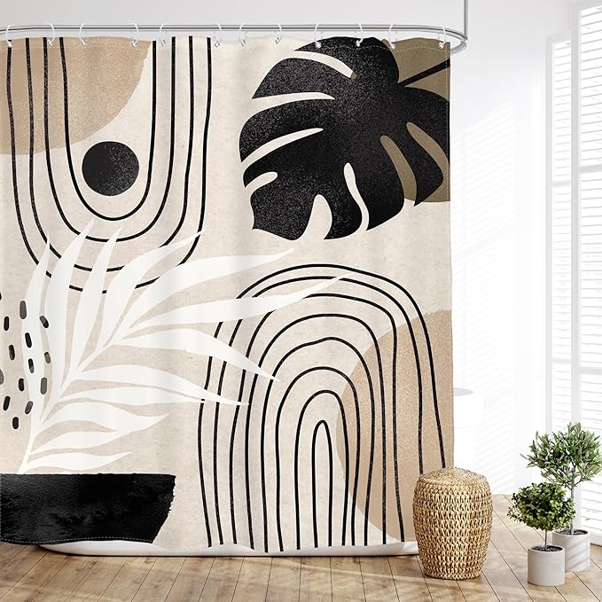Glawry Boho Mid Century Shower Curtain Abstract Plant Tropical Palm Leaf Modern Minimalist Arch Geometric Bathroom Black Beige Brown 60Wx72L Inches Bath Accessories Art Home Decor Fabric 12 Pack Hooks