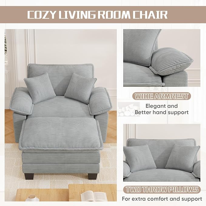 Chaise Lounge Chair Indoor, Oversized Accent Chairs with Ottoman, Luxury Corduroy Upholstered Deep Seat Sleeper Sofa Reading Chairs and A Half with Pillows for Living Room, Bedroom, Apartment, Grey