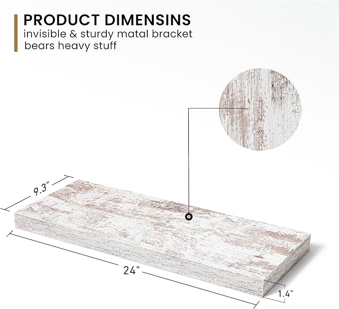 Fun Memories Deep Floating Shelves - 24" W x 9.3" D x 1.6" H Rustic Black Wall Shelf - Wall Mounted Shelves for Storage - Wooden Shelves with Invisible Brackets for Living Room, Farmhouse - Set of 2