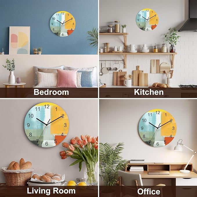 Abstract Painting Art Style Orange Blue Yellow Grey Red Wall Clock Battery Operated Non-Ticking 12" Round Wood Clocks, Kitchen Wall Clock for School Bathroom Living Room Home Office Wall Decor