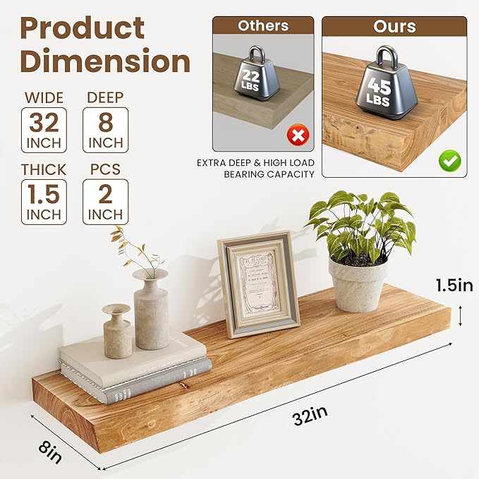 Extra Deep 32" Long Live Edge Rustic Floating Shelves for Wall, Solid Wood Wall Shelves with Invisible Bracket Mount for Living Room Bathroom Bedroom Kitchen, Set of 2, Natural