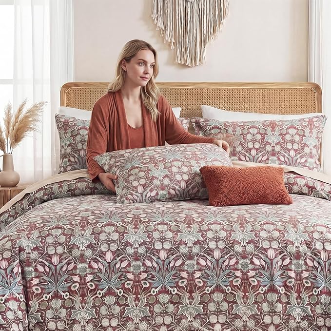 Cozeline 100% Cotton Duvet Cover Queen Size, Red Paisley Print Bedding Set with Zipper Closure, 3 Pcs Breathable and Luxury Duvet Cover for All Season