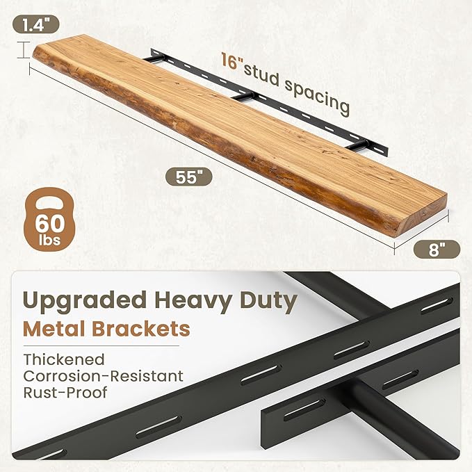 Fun Memories Floating Shelves for Wall Decor Set of 1-55 Inch Solid Elm Wood Live Edge - Rustic Natural Wall Shelves with Invisible Brackets - for Living Room, Bedroom, Kitchen - Natural Finish