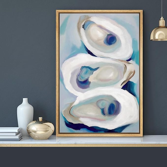 MUDECOR Framed Canvas Print Wall Art Modern Colorful Oysters Coastal Abstract Seafood Illustrations Minimalism Decorative Bohemian Colorful Zen for Living Room, Bedroom, Office - 24"x36" NATURAL