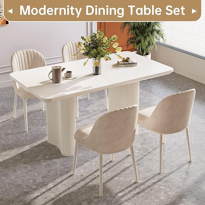 5-Piece Modern Dining Set, 55.11" Dining Table Set for 4, Rectangular Kitchen Table with 4 Chairs, White Dinner Tables for 4 Person