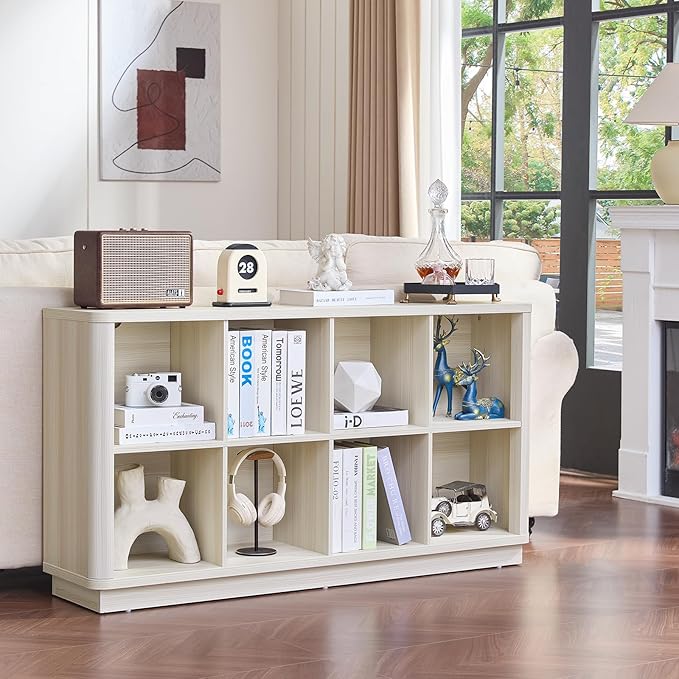 8 Cube Storage Bookcase, 52" Long Horizontal Book Shelf w/Curved Edge, Wood Low 2-Tier Cubby Console Bookshelf with Base, Modern Floor Standing TV Stand for Living Room, Grey-White Cream Oak